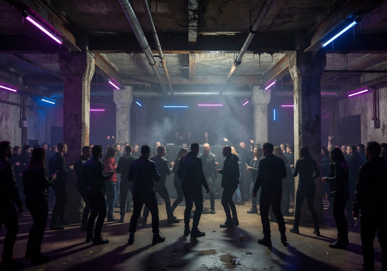 Atmospheric interior of a massive Berlin techno club with industrial architecture and dim lighting