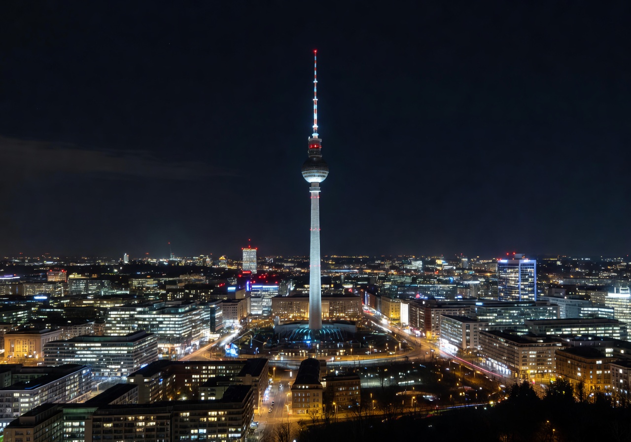 Berlin skyline at night with illuminated TV tower and city lights