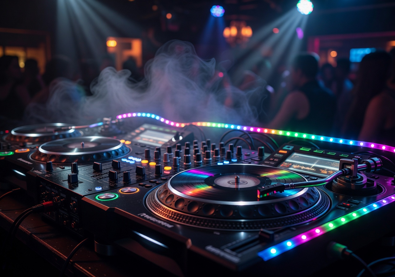 Close-up of a DJ mixing console with glowing LED controls in a dark booth