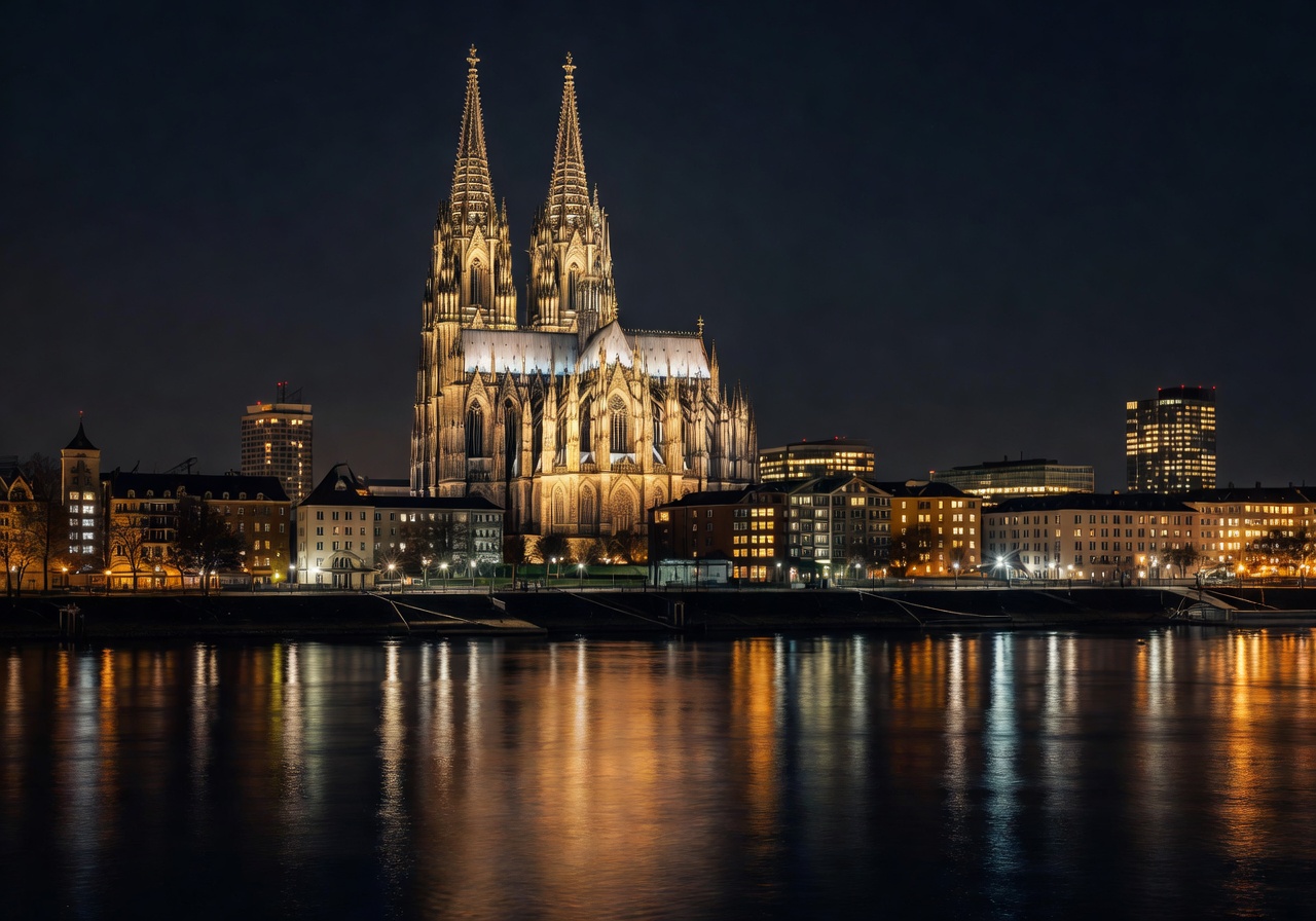 Cologne Cathedral and city skyline illuminated at night along the Rhine river