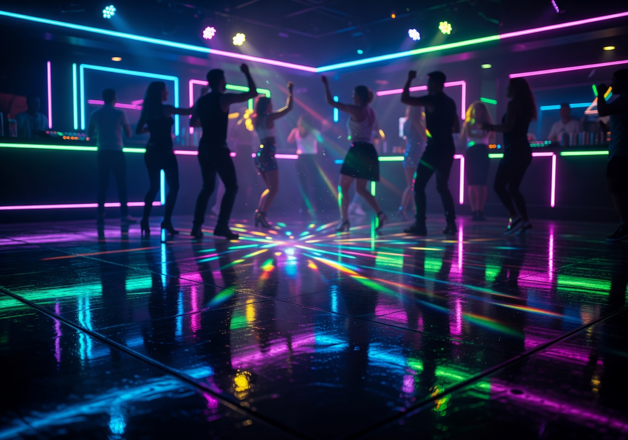 Neon pink and purple lights illuminating a packed nightclub dancefloor