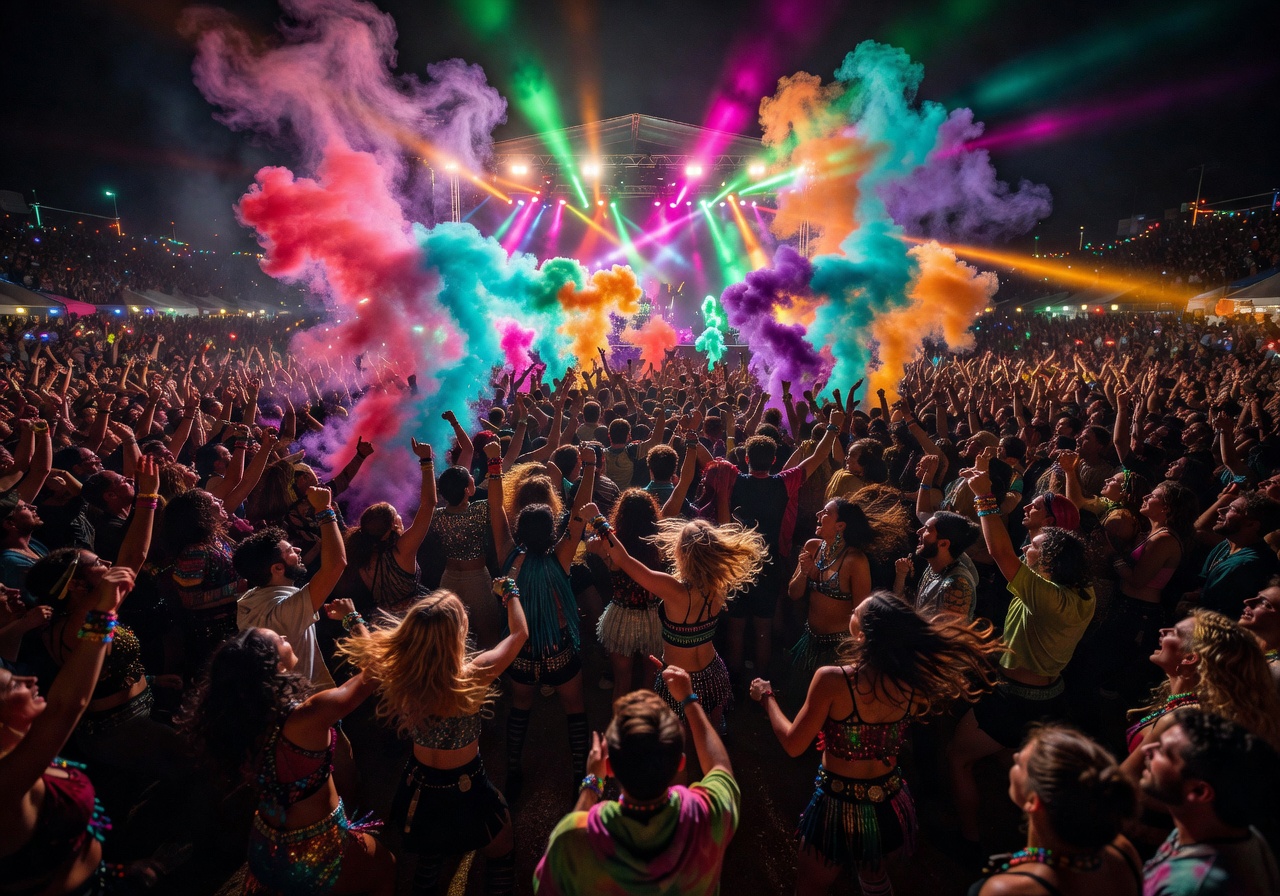 Colorful outdoor music festival crowd with smoke and vibrant stage lighting