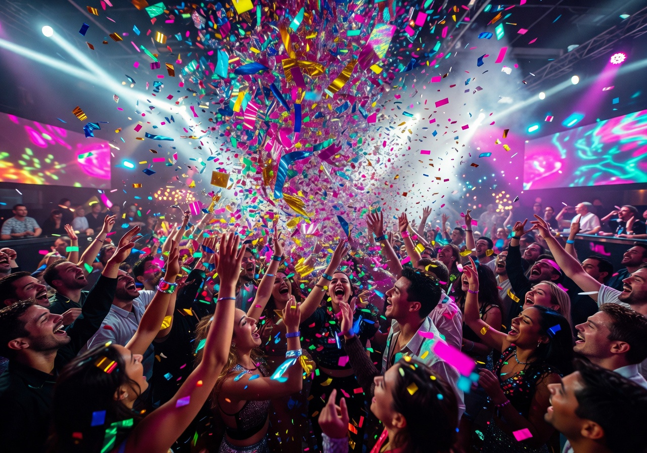 Confetti explosion at a large nightclub event with euphoric crowd reaction