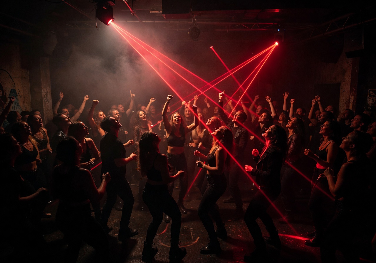 Crowd dancing in a dark Berlin techno nightclub with red laser beams