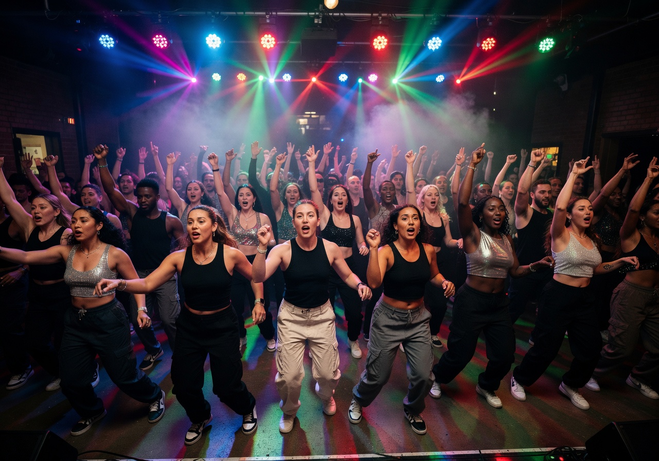 Crowd of dancers moving in unison under multicolored strobe lights