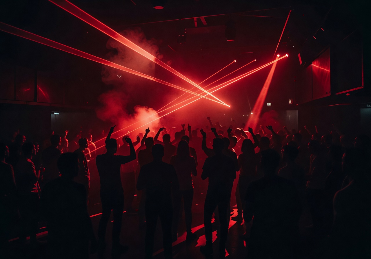 Silhouettes of clubgoers with arms raised under dramatic red laser beams