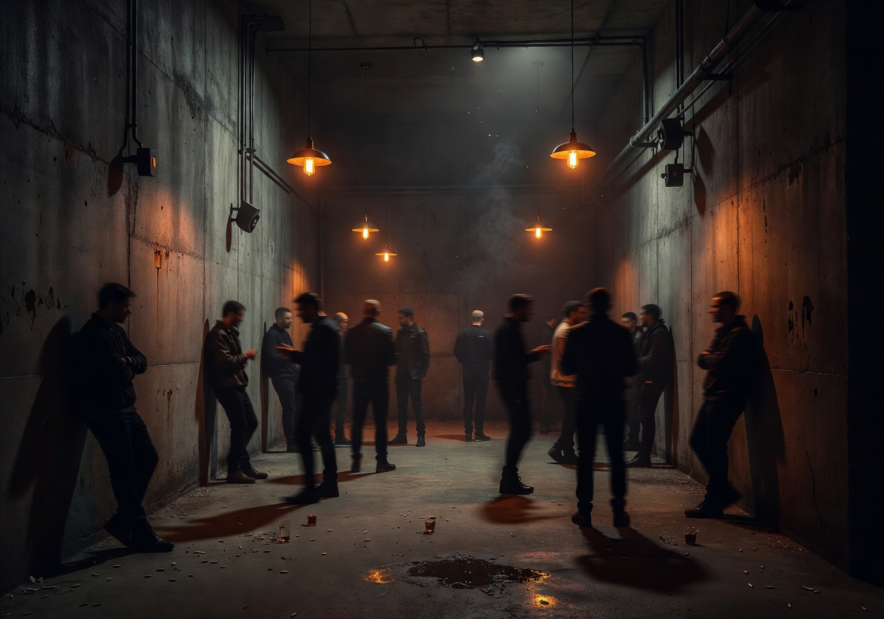 Dark industrial nightclub interior with stark concrete walls and moody amber lighting