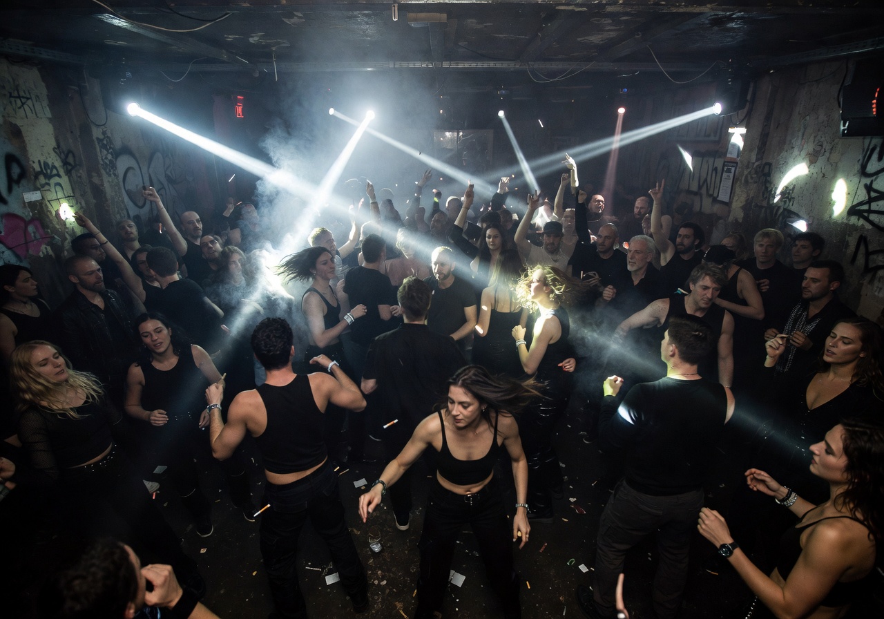 Dense crowd dancing in a dark Berlin club environment with strobe lights