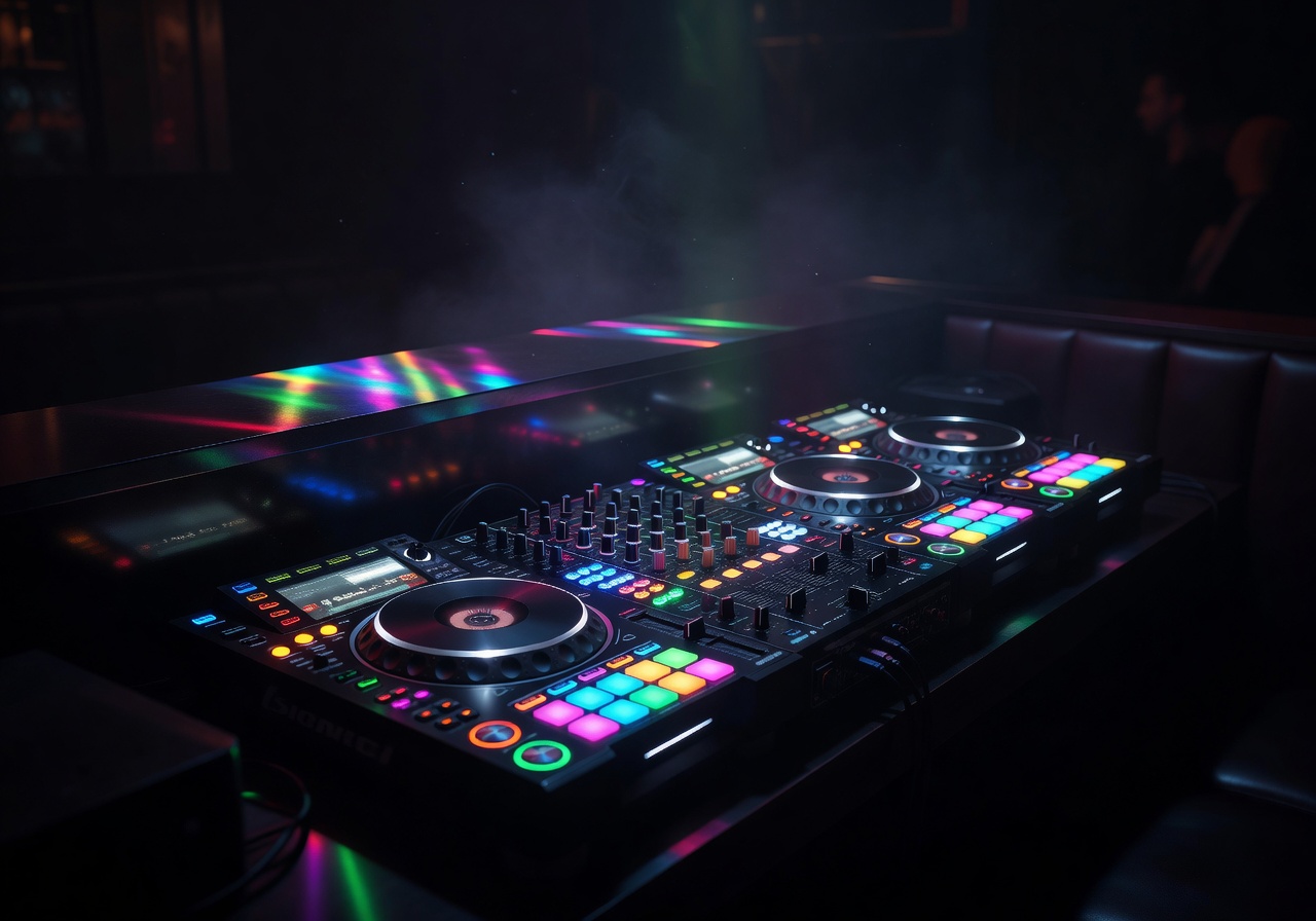 DJ mixing console illuminated by colorful LED lights in a dark club booth