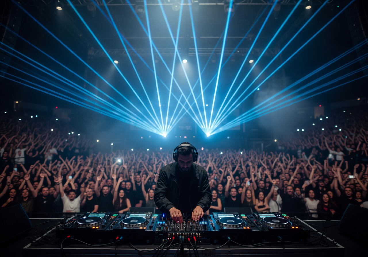 DJ on stage performing for thousands with dramatic blue laser fan behind