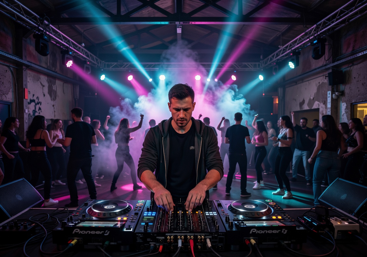DJ performing at a packed nightclub with vibrant blue and red stage lights