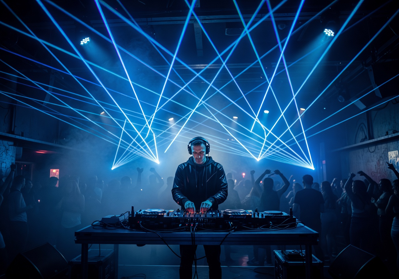 DJ performing on stage at Bootshaus nightclub with intense blue laser lighting