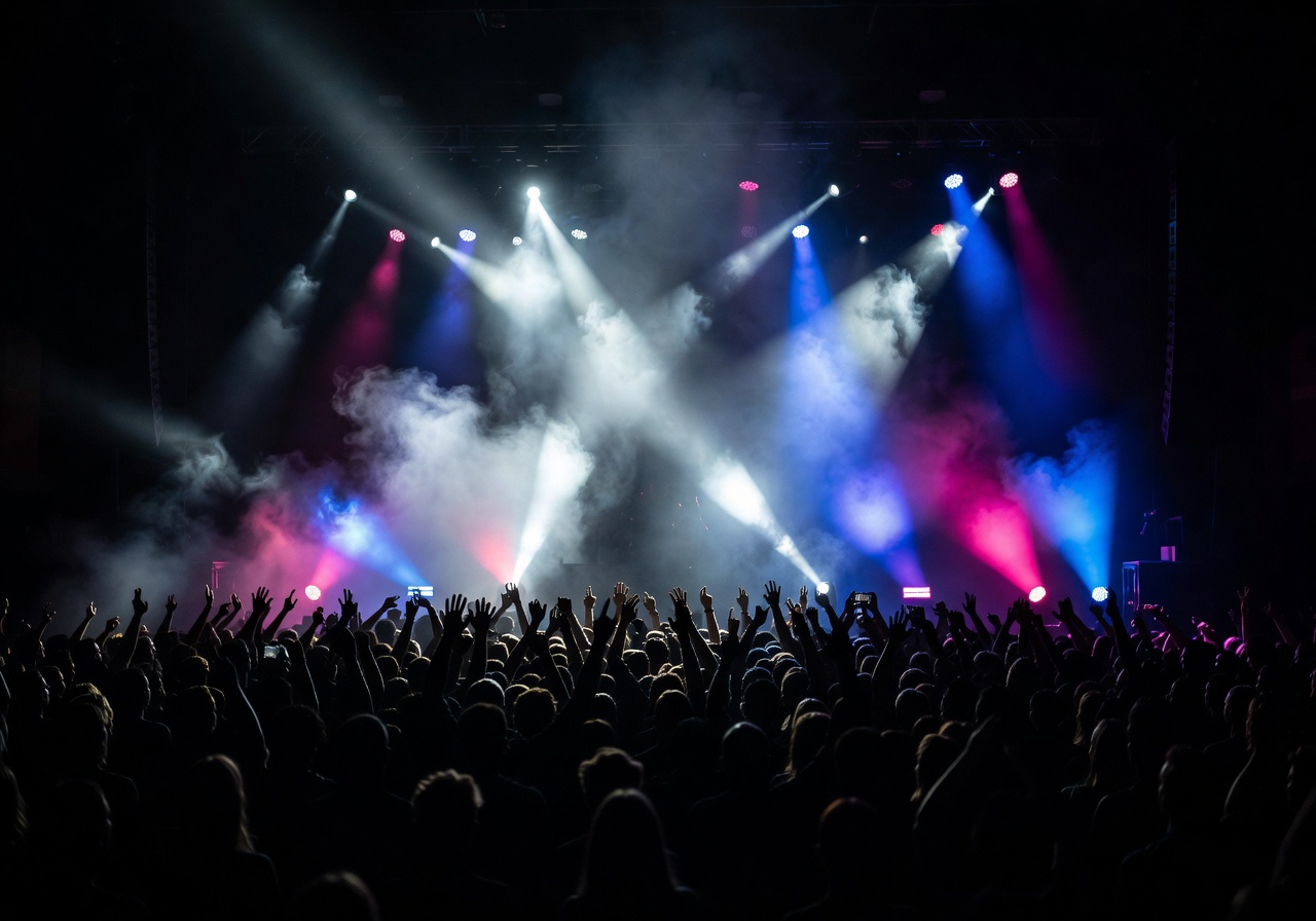 Dramatic concert scene with silhouetted crowd and atmospheric stage lighting