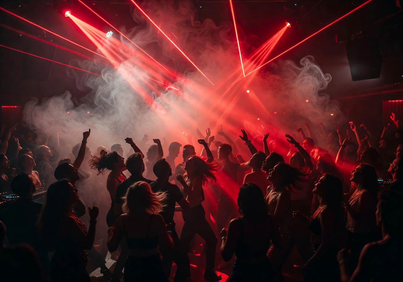 Dramatic red laser beams cutting through fog above a nightclub crowd