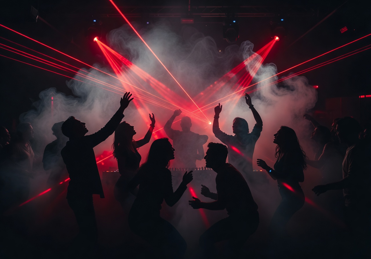 Dramatic silhouettes of clubgoers with red laser beams cutting through smoke