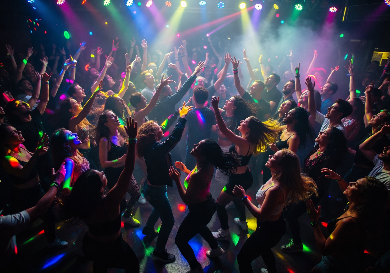 Energetic crowd dancing under colorful strobe lights inside a nightclub