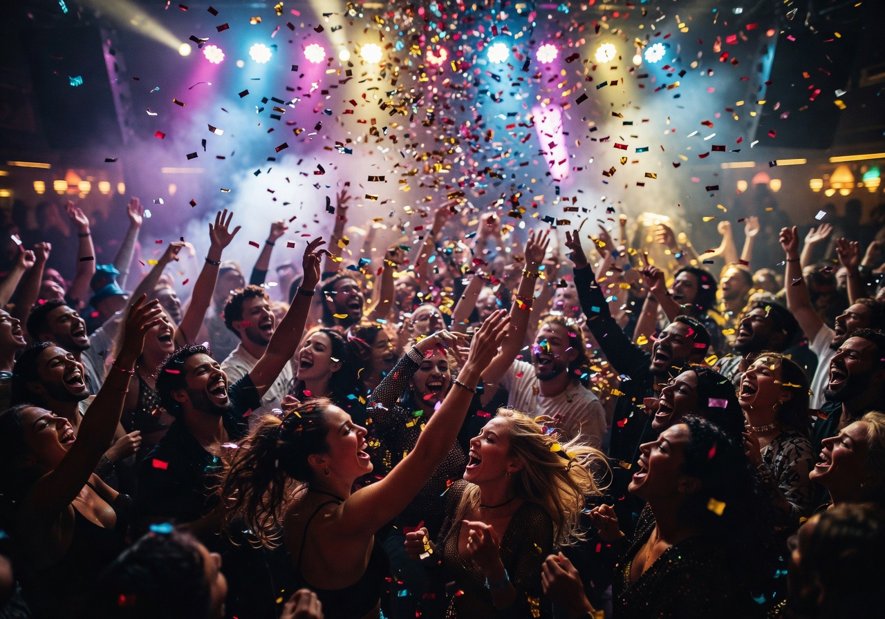Confetti and lights at a large nightclub event with excited crowd