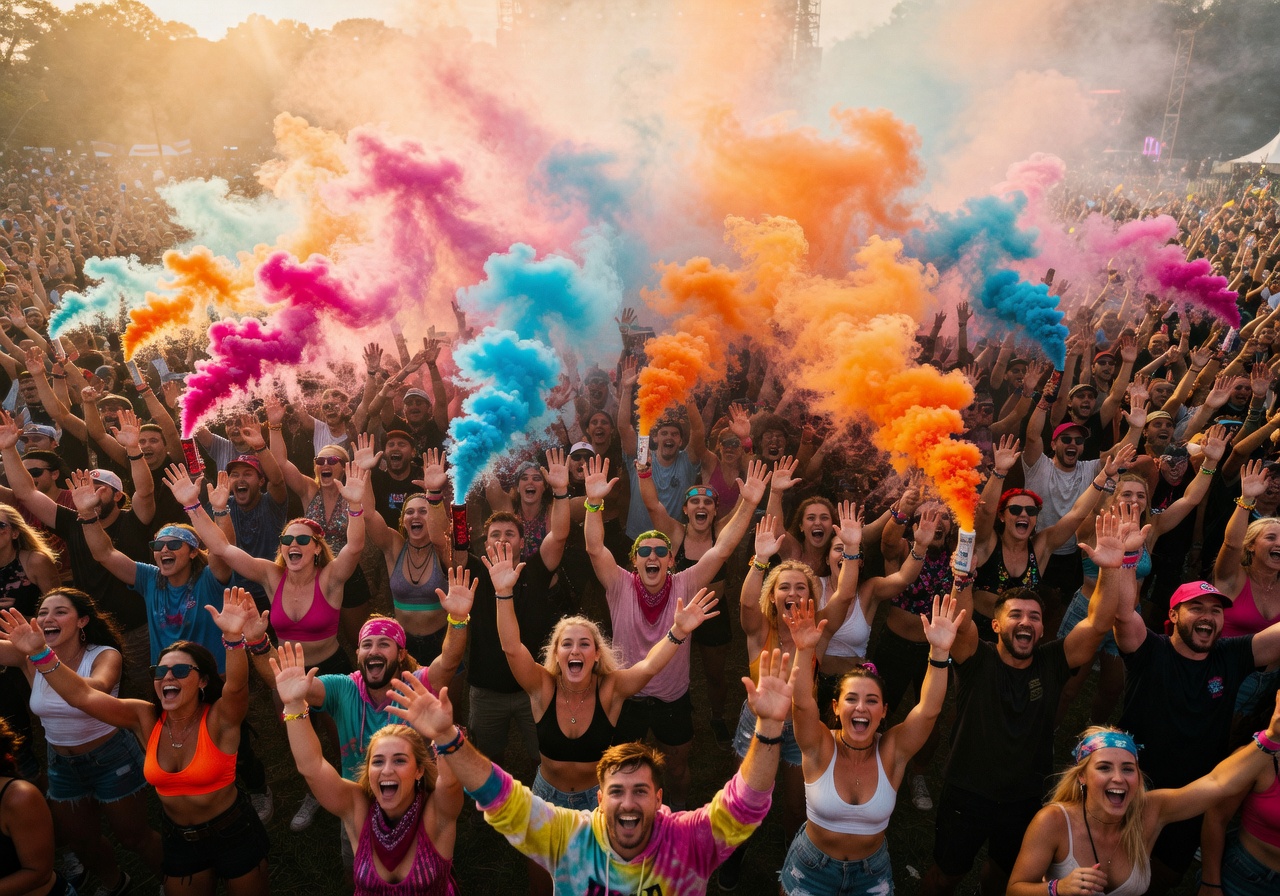 Festival crowd with colorful smoke flares and hands raised at an outdoor event