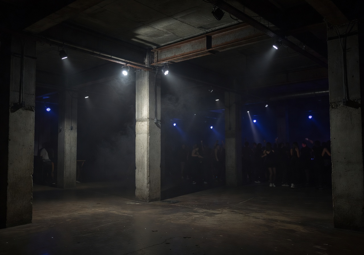 Dark industrial interior of a Berlin techno club with moody lighting