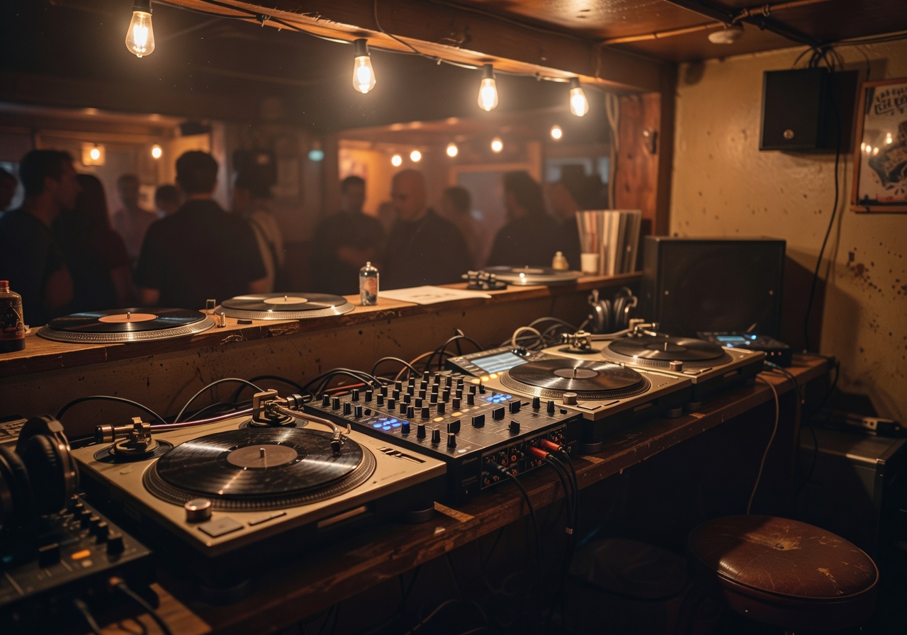 Intimate DJ booth with warm analog lighting and mixing equipment in a small club