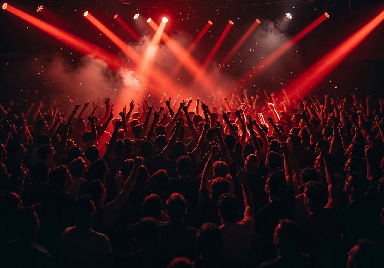 Massive nightclub crowd with arms raised under sweeping red light beams