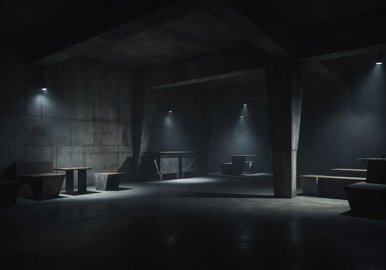 Moody industrial nightclub interior with minimal lighting and concrete architecture