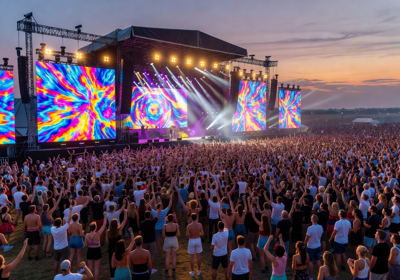 Music festival main stage with massive LED screen and crowd extending to horizon