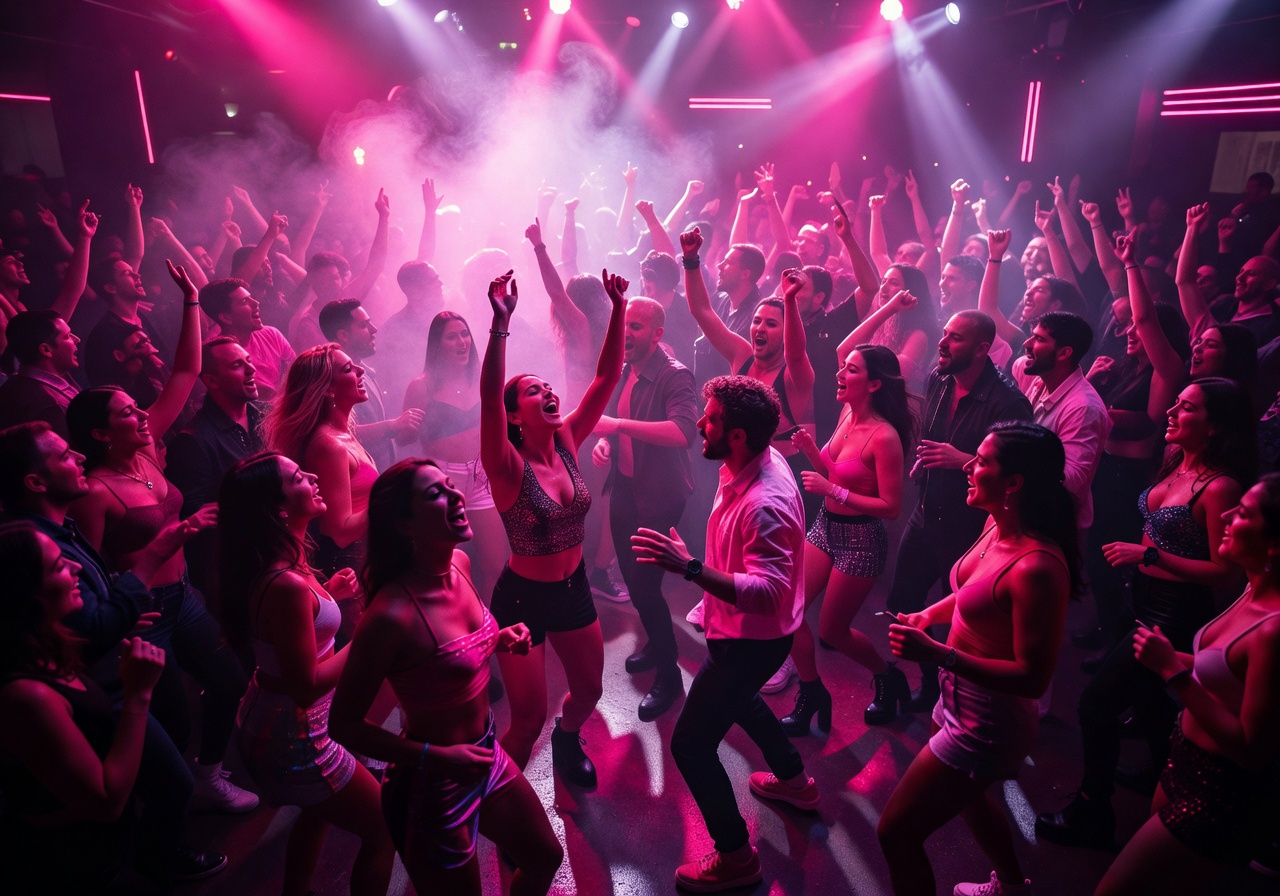 Neon pink and purple lighting washing over a packed nightclub dancefloor