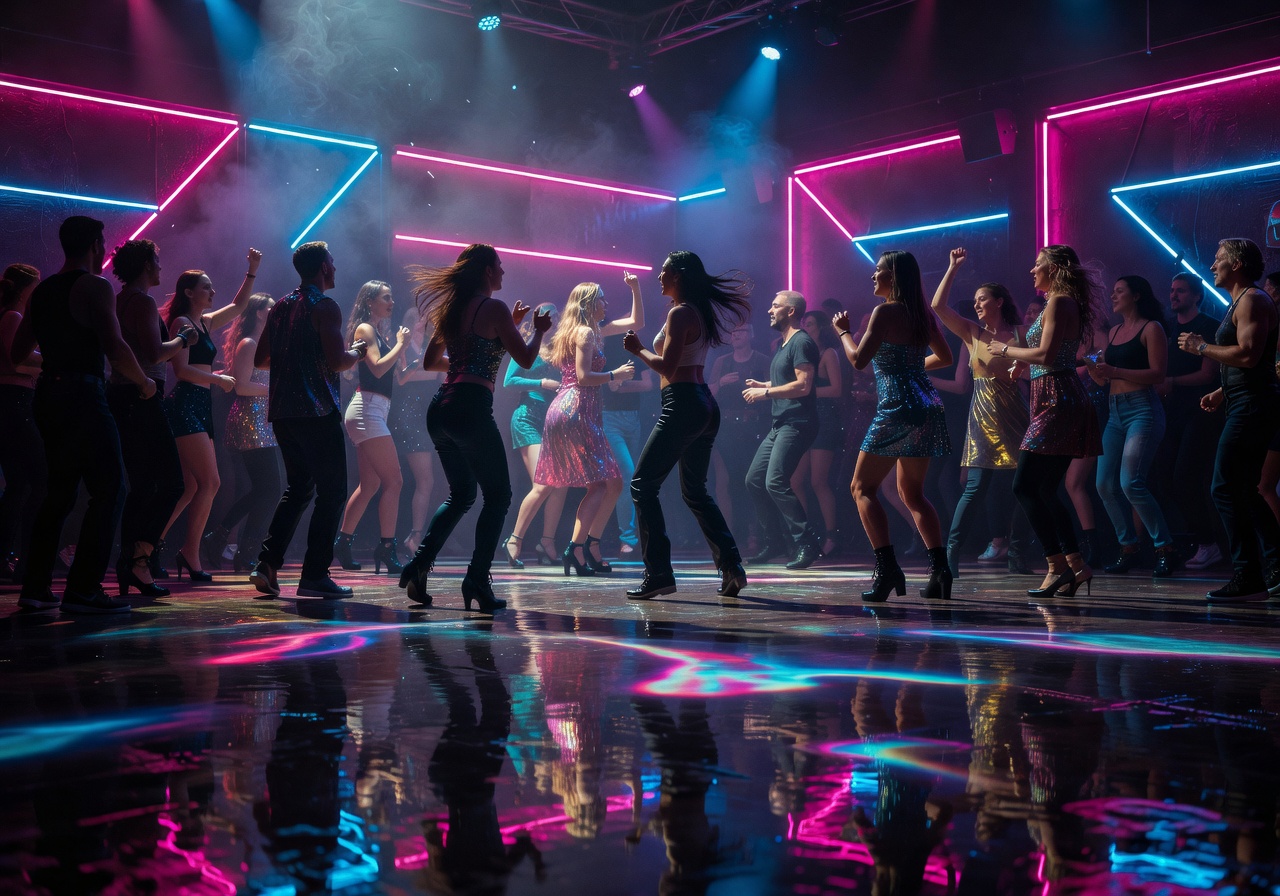 Nightclub dancefloor with neon pink and blue lighting reflected on wet floor