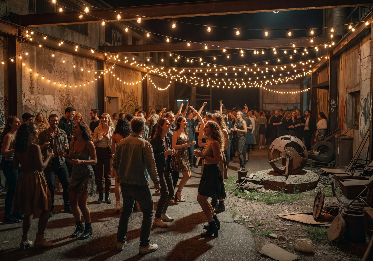 Open-air festival area with string lights and crowd at night