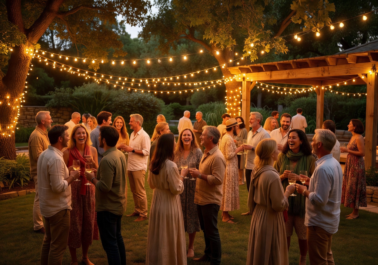 Open-air party scene with warm golden string lights and intimate crowd