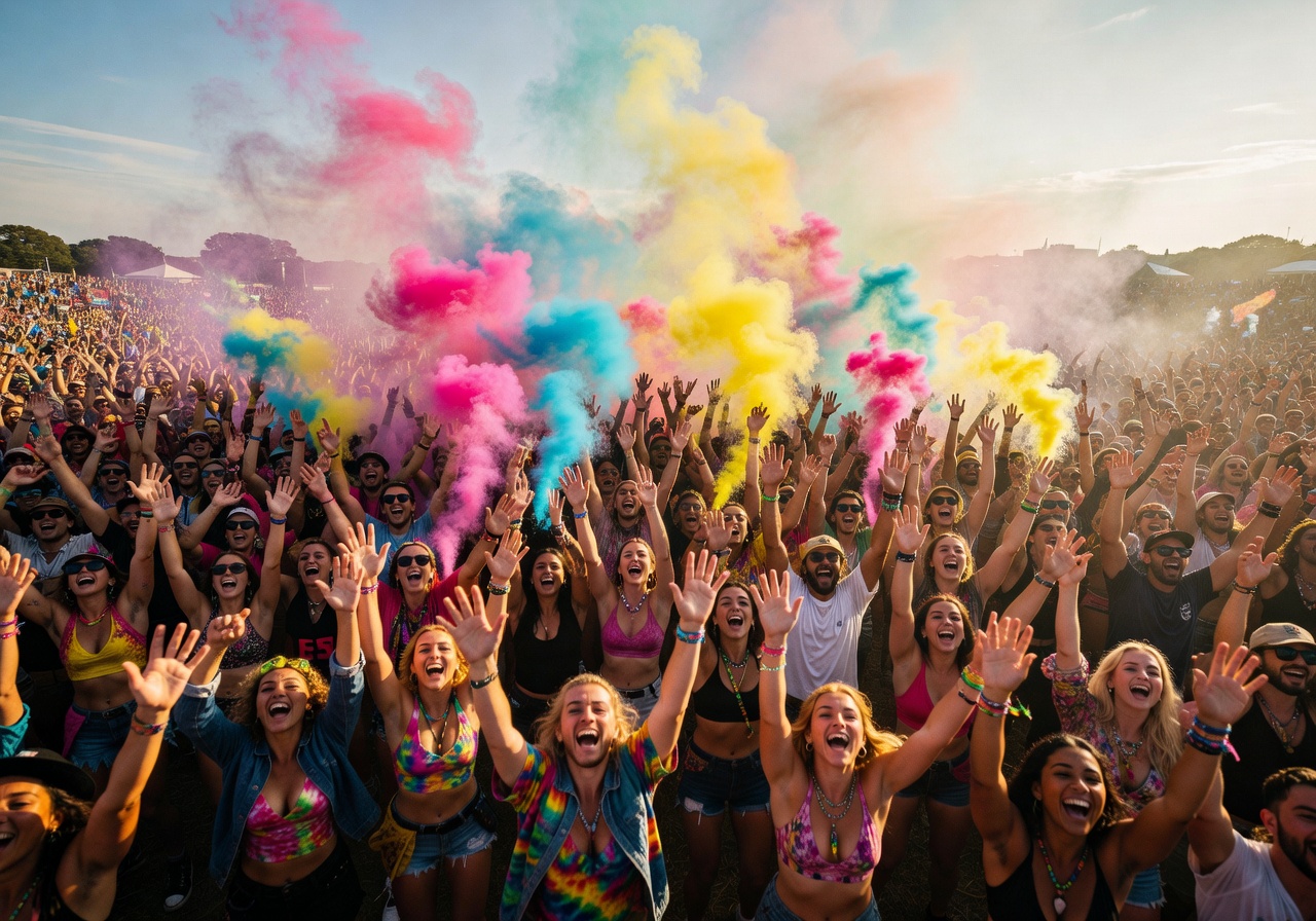 Outdoor festival crowd with colorful smoke and hands reaching towards the sky