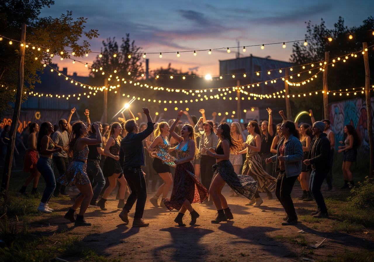 Outdoor party area at Sisyphos with string lights and dancing crowd at dusk