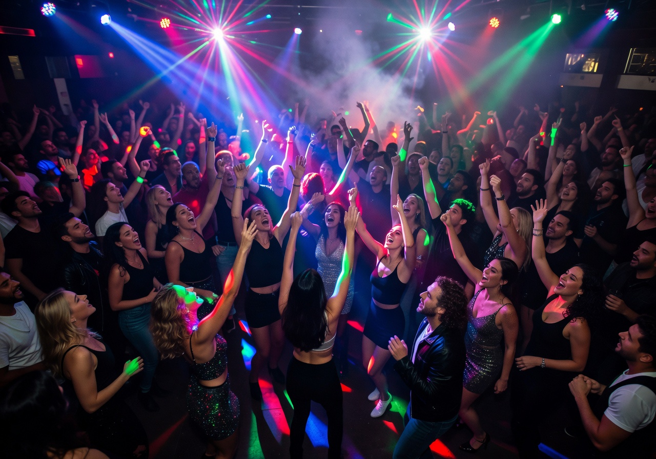 Panoramic view of a nightclub crowd under dramatic multi-colored strobe lights