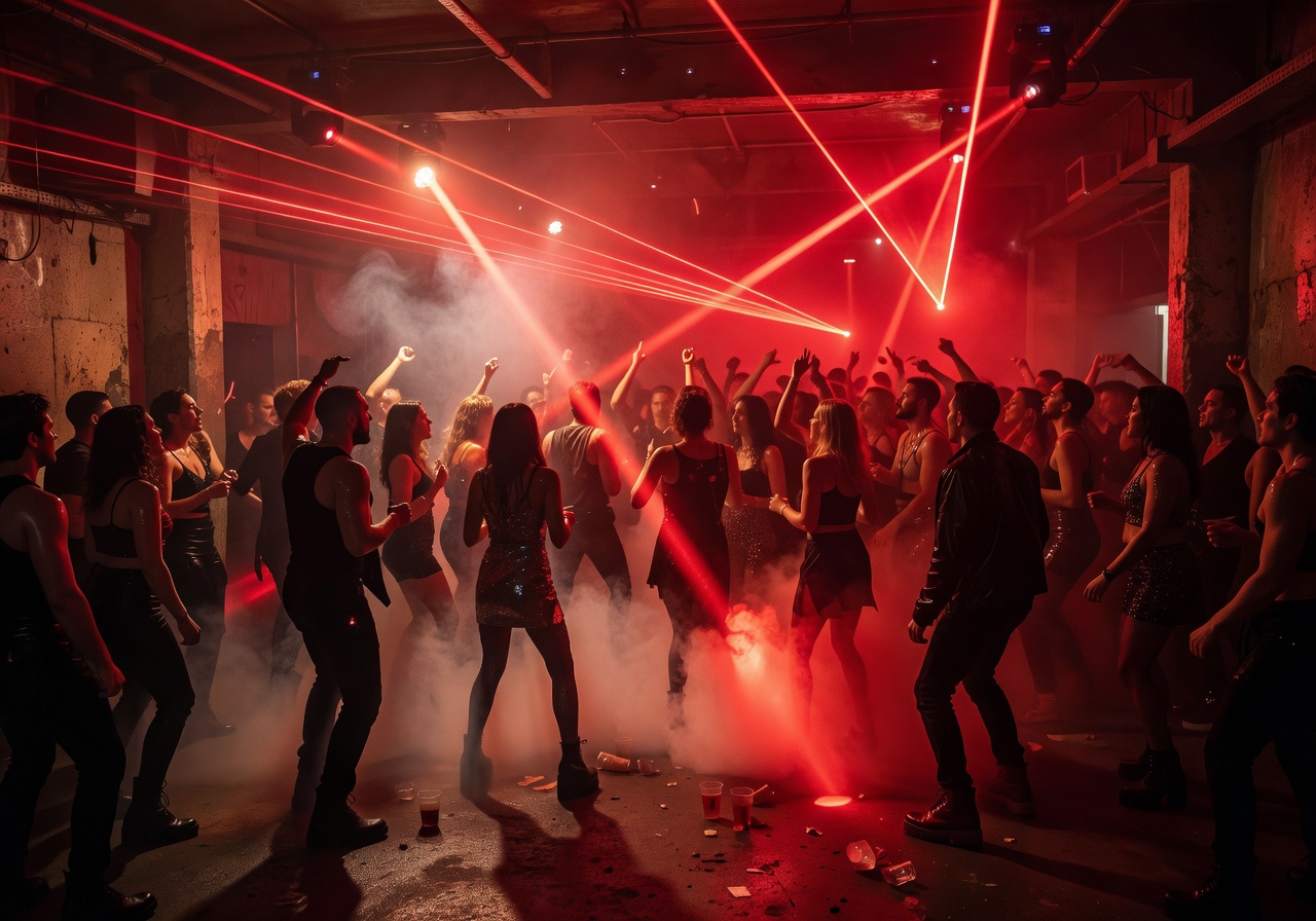 Underground nightclub with intense red lighting and laser beams cutting through fog