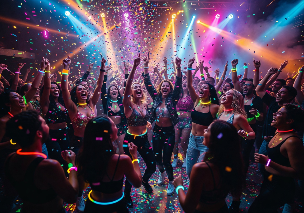 Vibrant nightclub event with confetti, lights, and energetic crowd