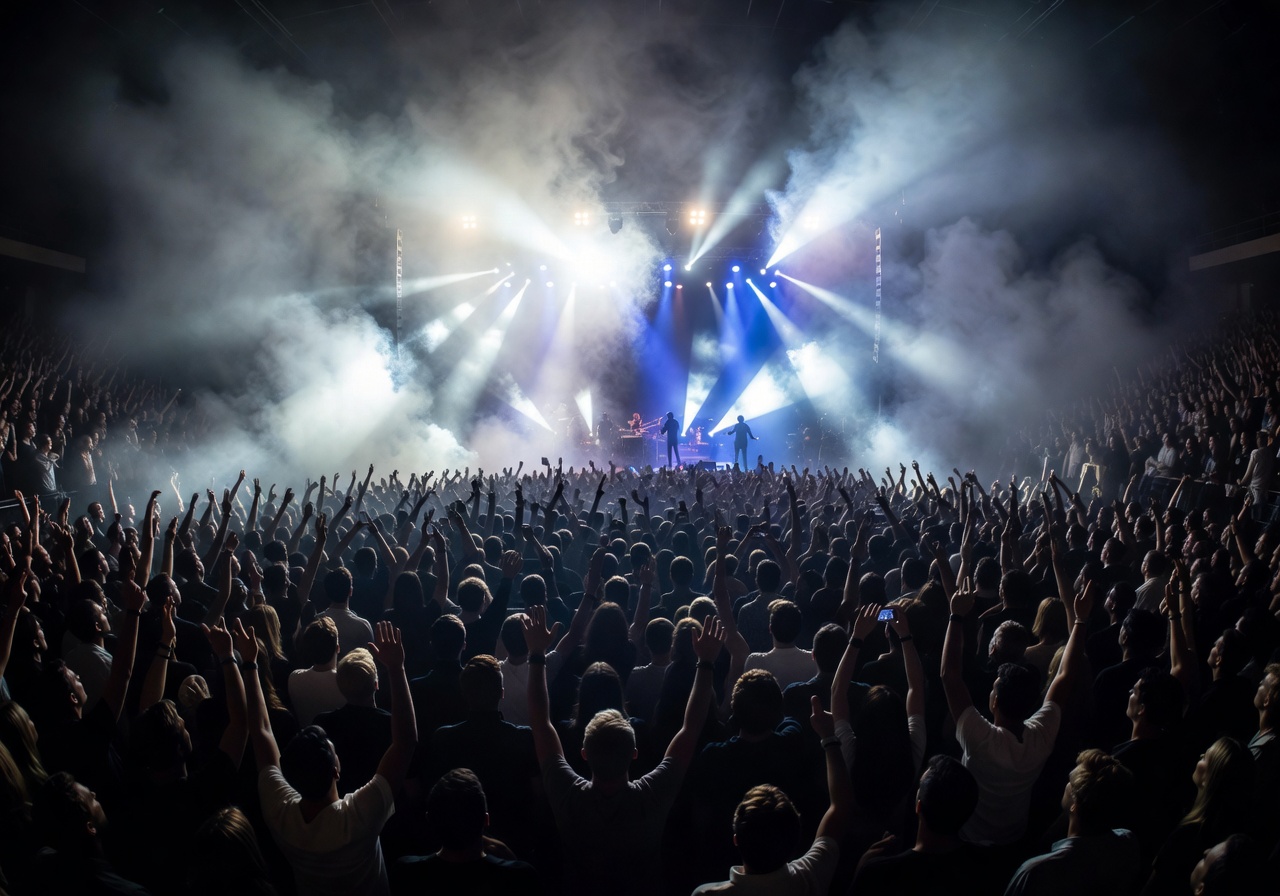 Wide angle concert crowd view with dramatic stage lighting and fog effects
