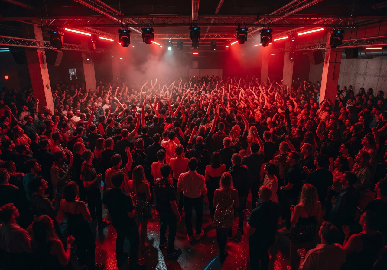 Wide shot of a massive nightclub crowd with red atmospheric lighting overhead